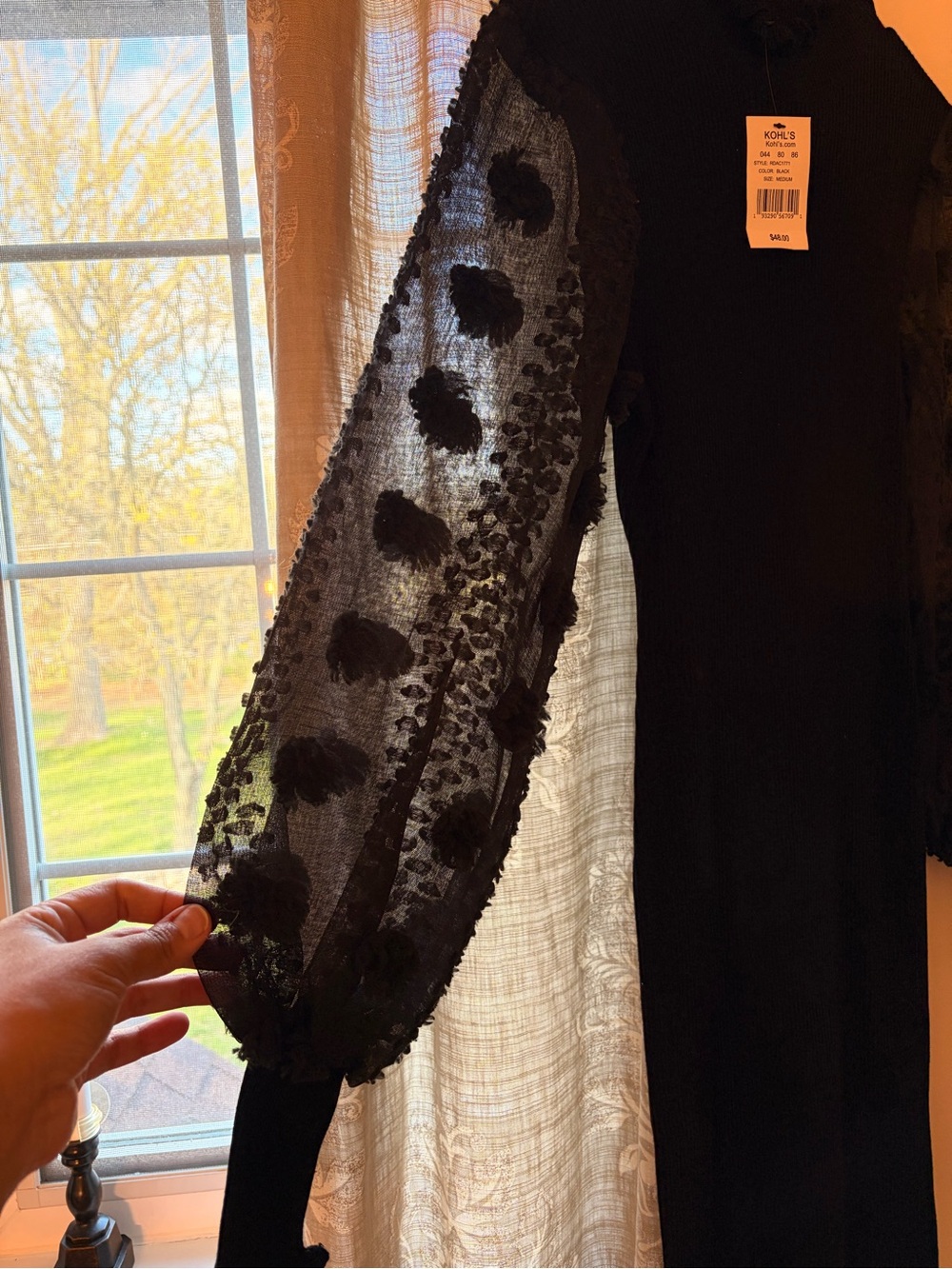Kohl's Black Midi Dress with Textured Sheer Puff Sleeves